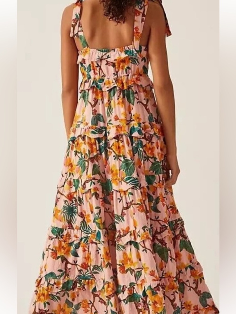 FARM Rio Pink Tropical Floral Tie-Shoulder Tiered Maxi Dress L - Picture 2 of 16